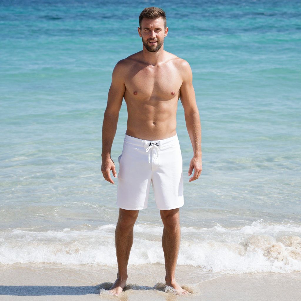 Shirtless Man in White Swim Shorts Standing on Tropical Beach by Ocean