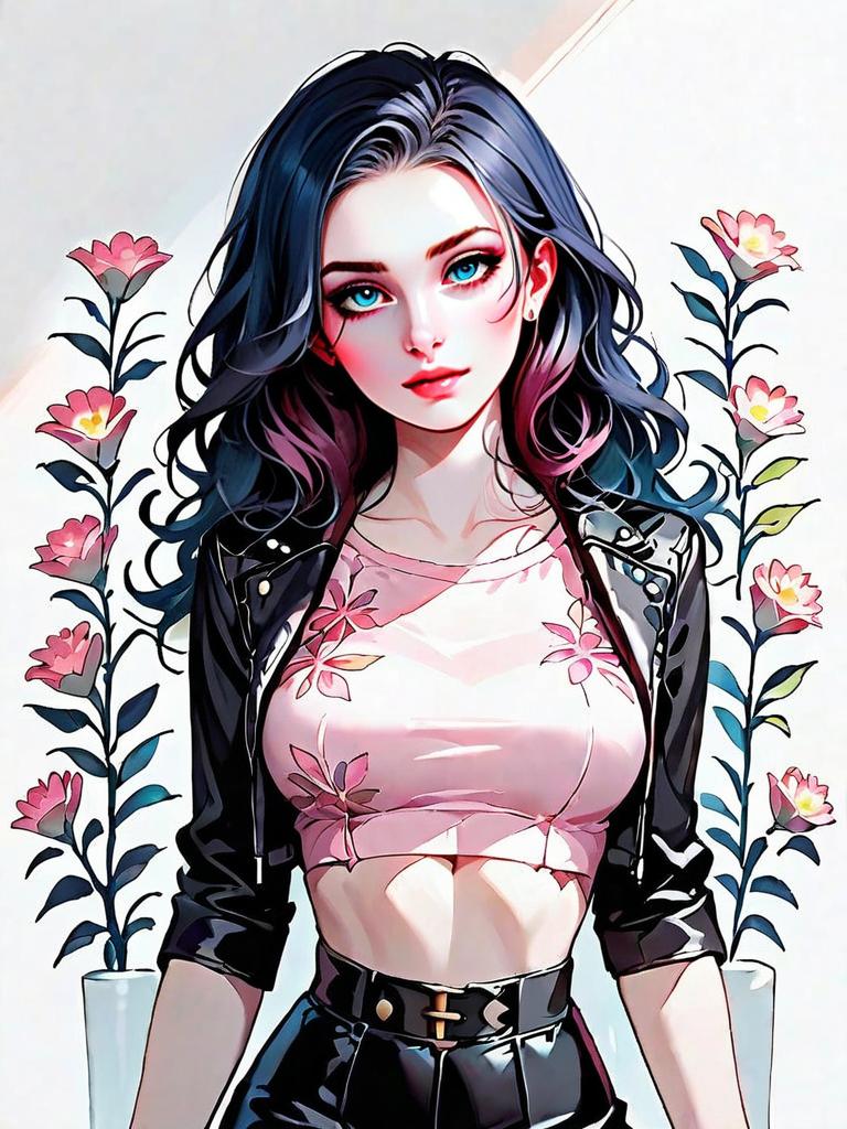 Stylish Young Woman in Floral Top and Leather Jacket Digital Art