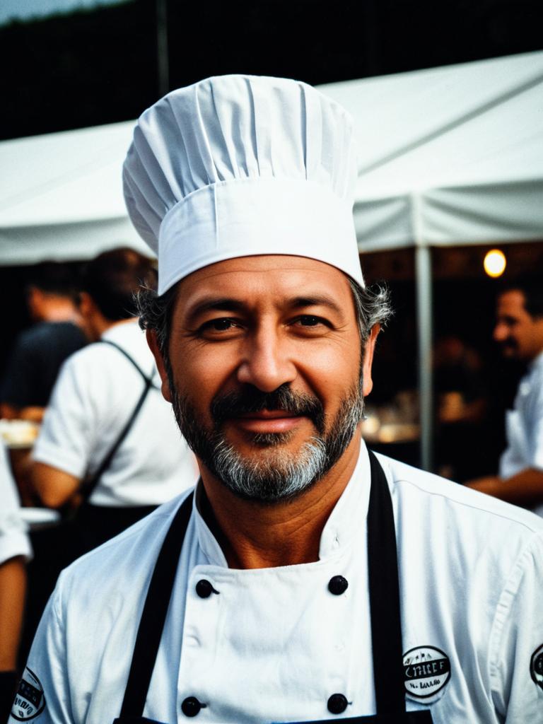 Candid Portrait of Man in Chef Costume at Festival with Cinematic Tones