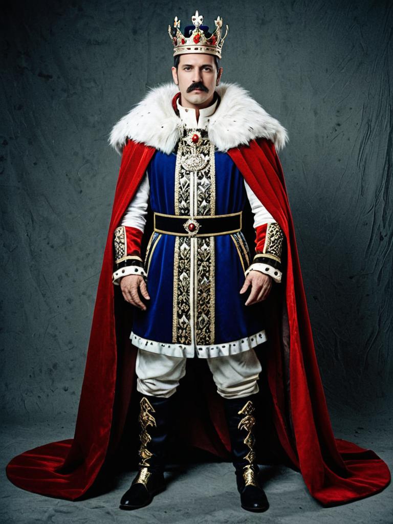 Man in King Costume with Red Velvet Cape and Golden Crown Full Body Cosplay Photo Man in King Costume with Red Velvet Cape and Golden Crown Full Body Cosplay Photo