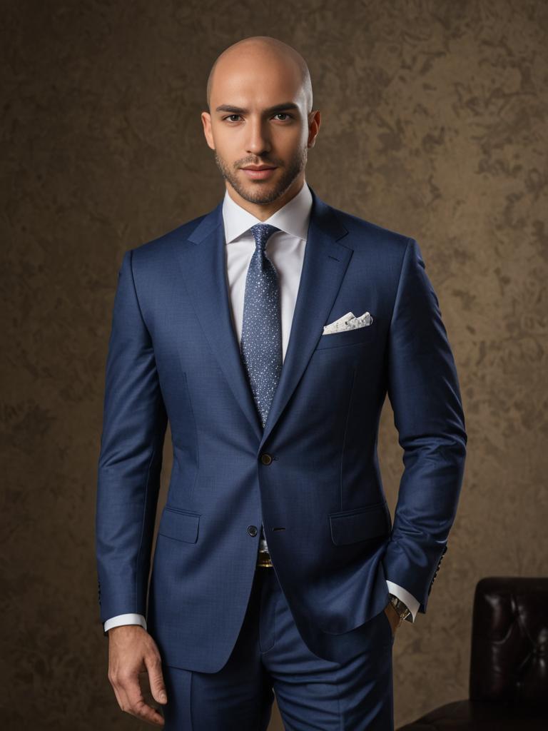 Confident man in blue suit against artistic background