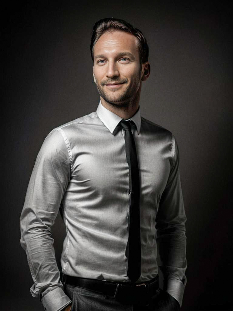 Confident Man in Silver Shirt and Black Tie