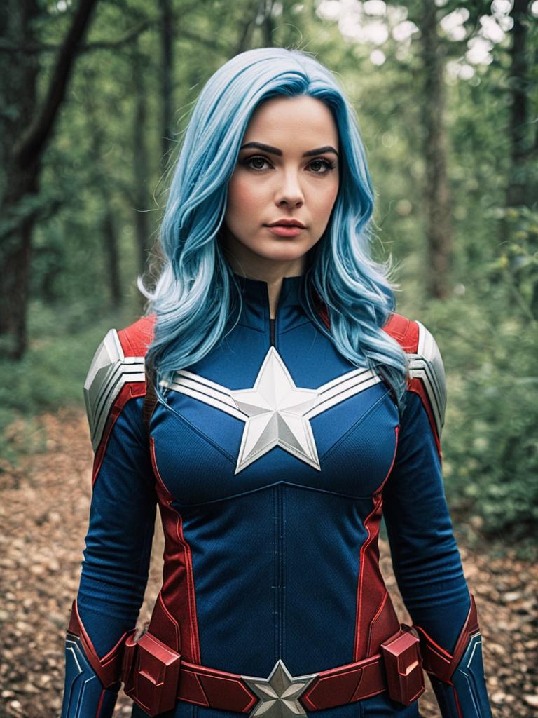 Woman in Realistic Crystal Marvel Comics Cosplay Costume with Blue Hair