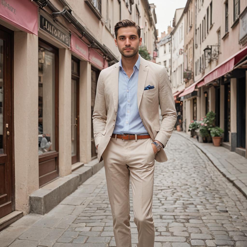 Man in Beige Suit Walking on European Street