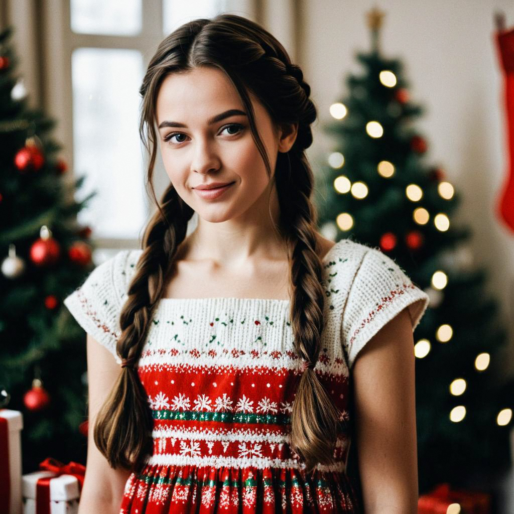 Young Woman in Festive Knit Dress by Christmas Trees Young Woman in Festive Knit Dress by Christmas Trees
