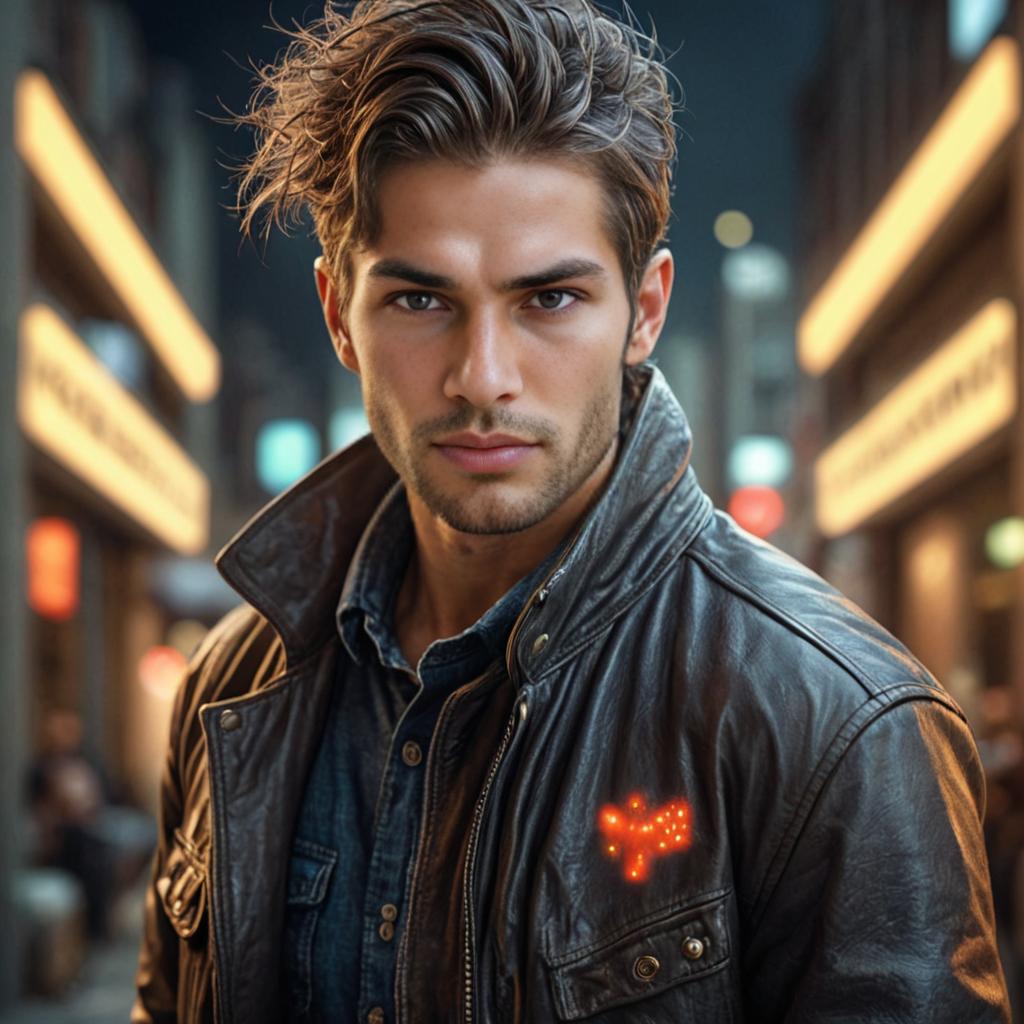 Man in Brown Leather Jacket at Night