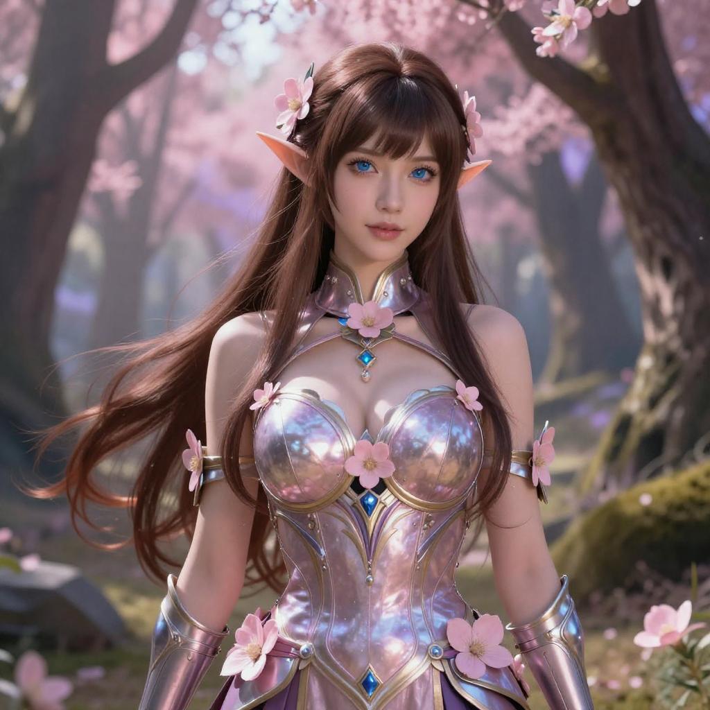 Fantasy Elf Woman in Iridescent Armor with Cherry Blossoms