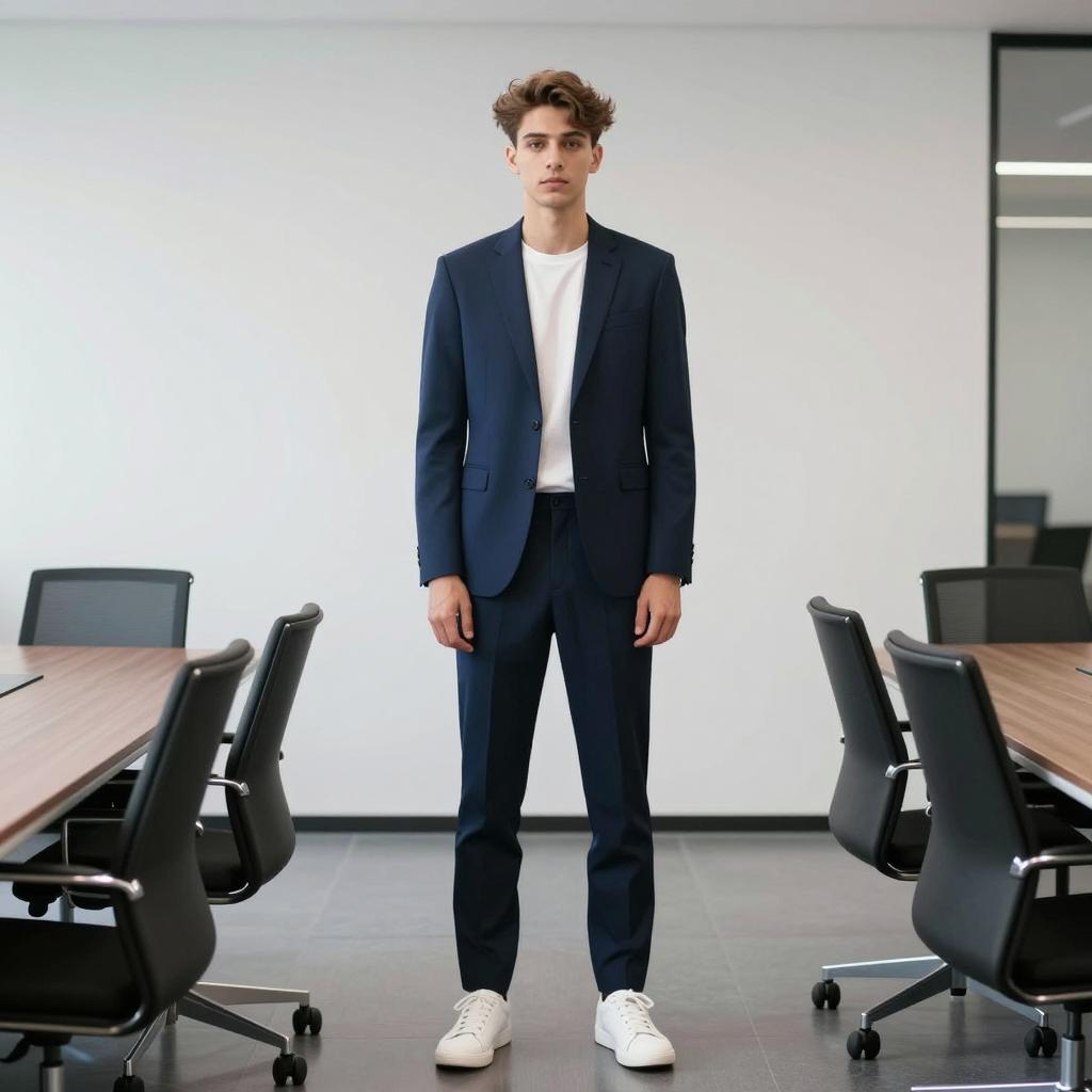 Young Man in Navy Blue Suit and White Sneakers in Modern Office