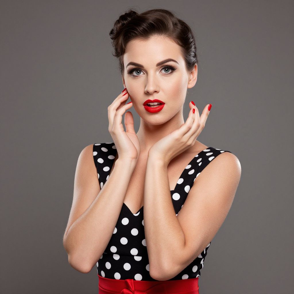 Retro 1950s Woman in Polka Dot Dress with Red Lips and Nails