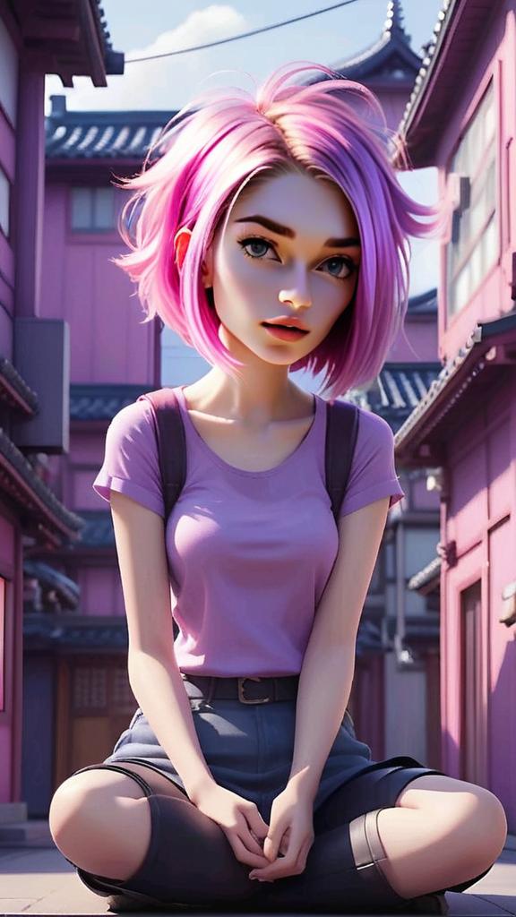 Stylized 3D Young Woman with Pink Hair in Urban Street Stylized 3D Young Woman with Pink Hair in Urban Street