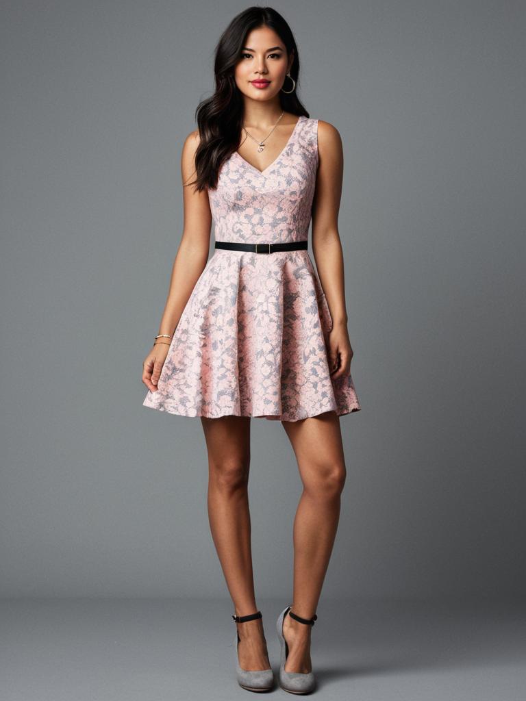 Woman Wearing Pink Lace-Like Sleeveless Casual Chic Skater Dress