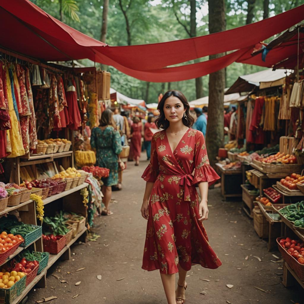 Woman in Red Floral Dress at Vibrant Street Market