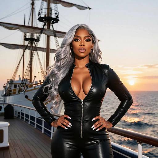 Confident Woman in Black Leather Outfit on Sailing Ship at Sunset