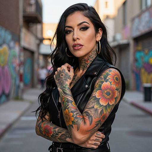 Tattooed Woman in Leather Vest with Floral Ink in Urban Alleyway
