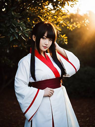Realistic Kagura Sohma Cosplay Woman in Traditional Kimono Outdoors