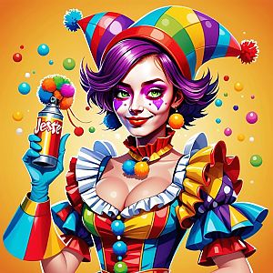 Colorful Clown Woman with Purple Hair and Rainbow Jester Hat