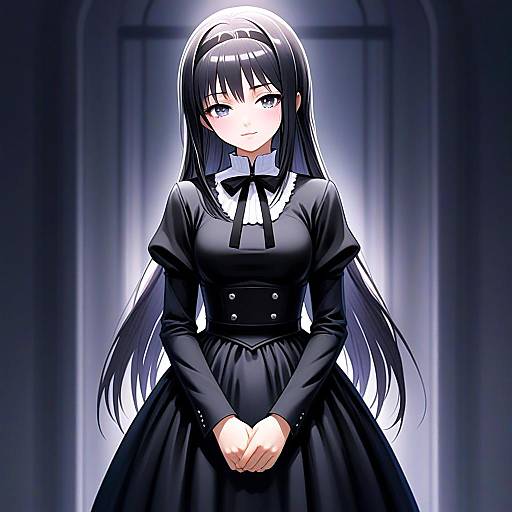 Anime Illustration of Woman in Elegant Black Dress with Long Hair