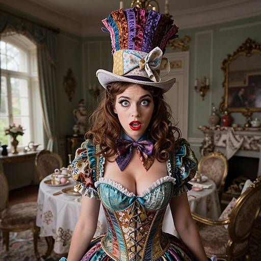 Victorian Style Woman in Colorful Corset and Tall Hat in Vintage Dining Room