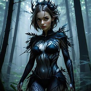 Fantasy Woman in Black Leaf Motif Bodysuit in Enchanted Forest