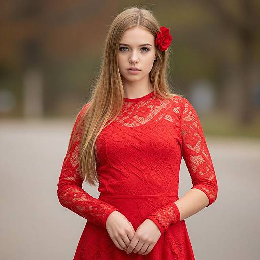 Young Woman in Red Lace Dress with Rose Hair Accessory Outdoors