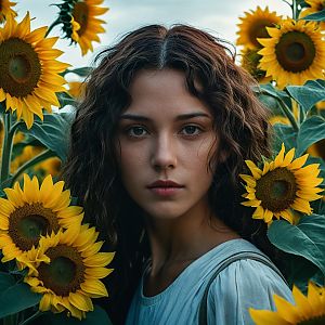 Contemplative Woman in Sunflowers