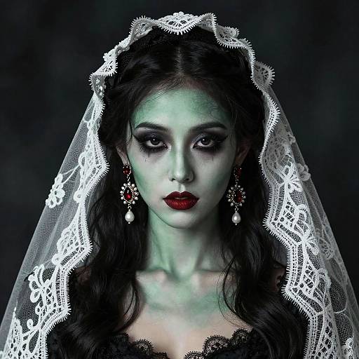Gothic Woman with Green Makeup and Lace Veil Portrait