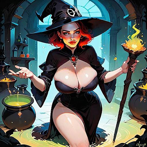 Fantasy Witch in Alchemical Lab Digital Illustration Woman Red Hair