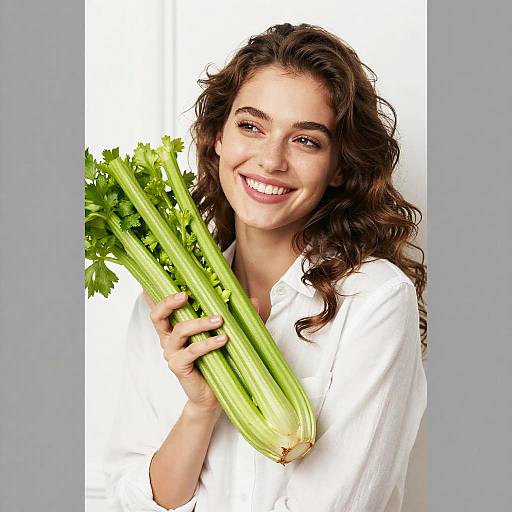 Young Woman Smiling Holding Fresh Celery Bunch