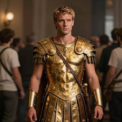 Man Wearing Golden Roman Armor in Modern Setting