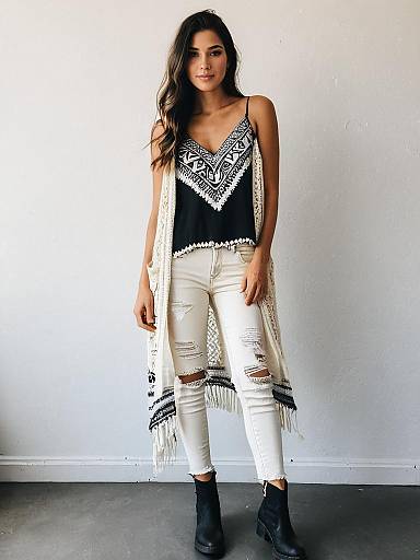 Bohemian Style Woman in Black Tribal Camisole and Distressed White Jeans