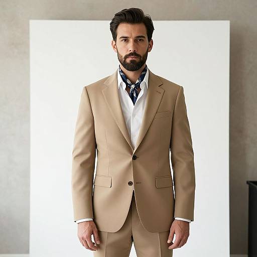 Man in Beige Suit with Scarf Standing Against Minimalist Background