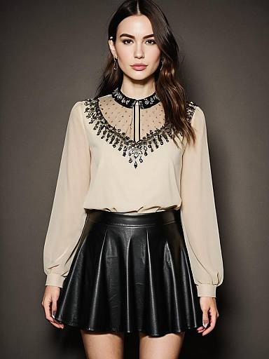 Woman in Edgy Beige Blouse with Embellished Neckline and Sheer Long Sleeve