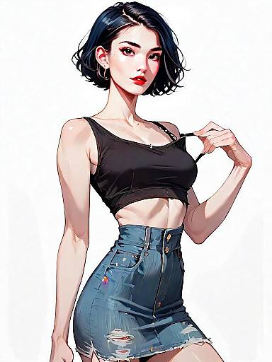 Realistic Comic Style Illustration of Woman in Black Crop Top and Denim Skirt