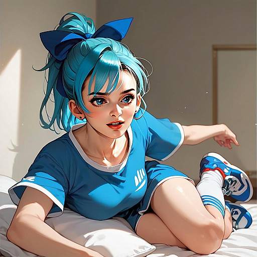 Anime Style Young Woman in Blue Sportswear with Blue Hair Bow Digital Art