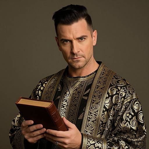 Man Wearing Ornate Black and Gold Embroidered Robe Holding Book