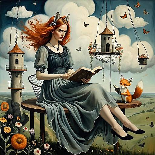Surreal Painting of Woman with Fox Ears and Fox Reading on Floating Platform