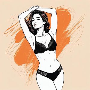 Stylized Digital Illustration of Woman in Black Lace Lingerie with Abstract Background