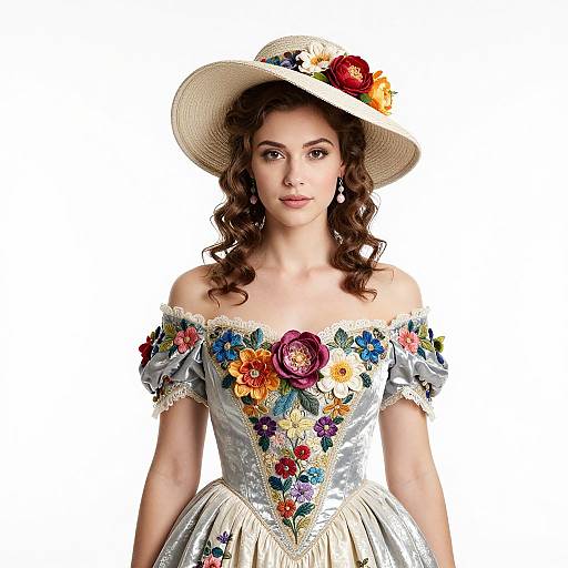 Young Woman in Vintage Floral Embroidered Dress and Wide-Brimmed Flowered Hat