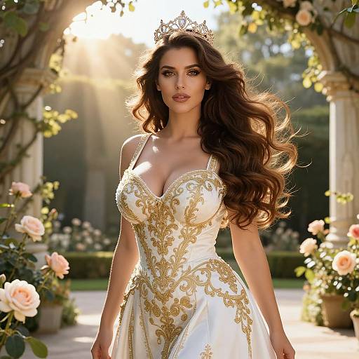 Elegant Woman in Ornate White and Gold Gown with Crown in Garden
