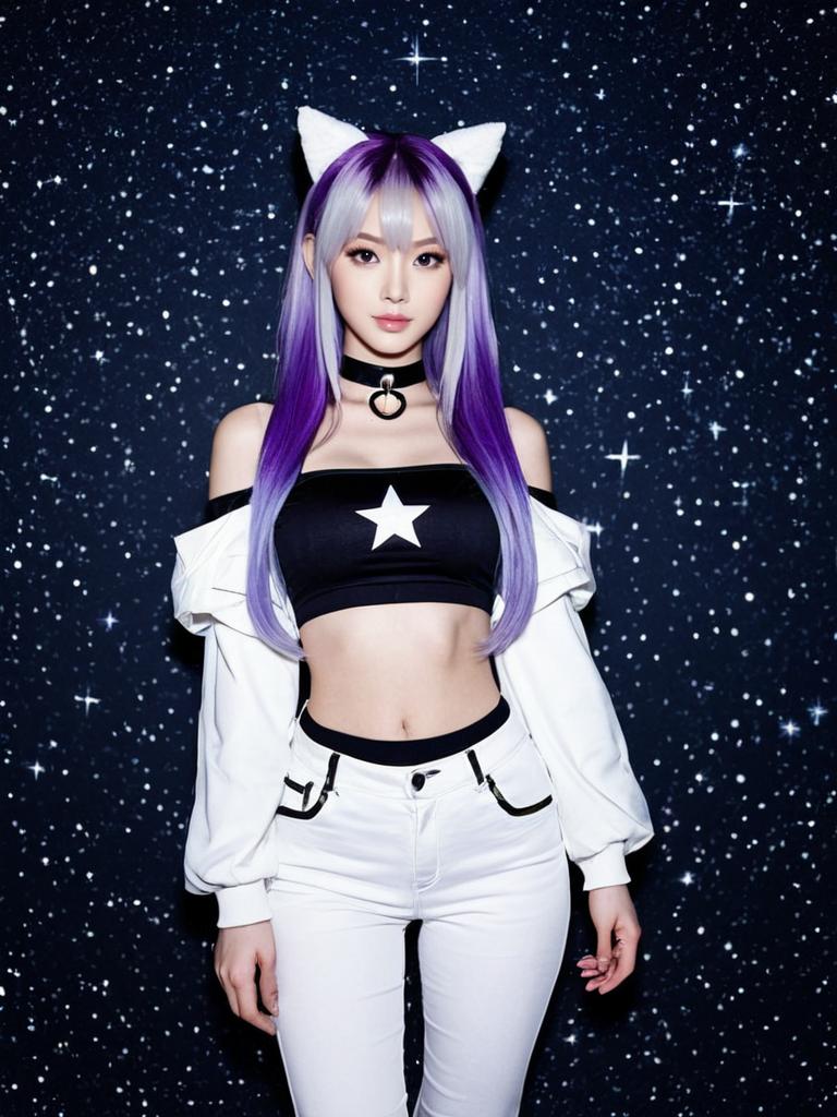 Moona Hoshinova Inspired 1st Costume Anime Cosplay with Purple Hair and Cat Ears