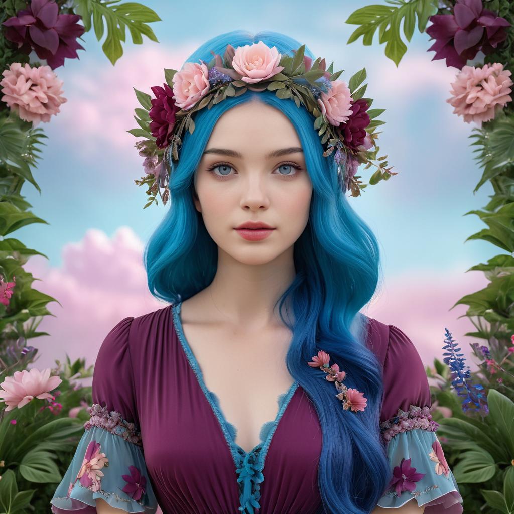 Young Woman with Blue Hair and Floral Crown