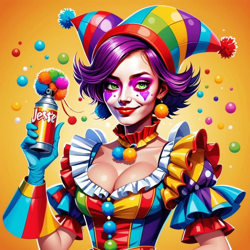 Colorful Clown Woman with Purple Hair and Rainbow Jester Hat Colorful Clown Woman with Purple Hair and Rainbow Jester Hat
