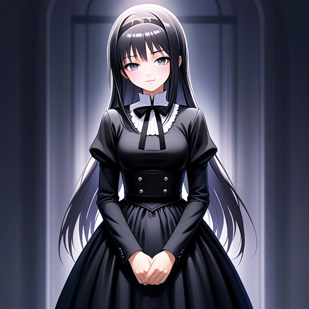 Anime Illustration of Woman in Elegant Black Dress with Long Hair