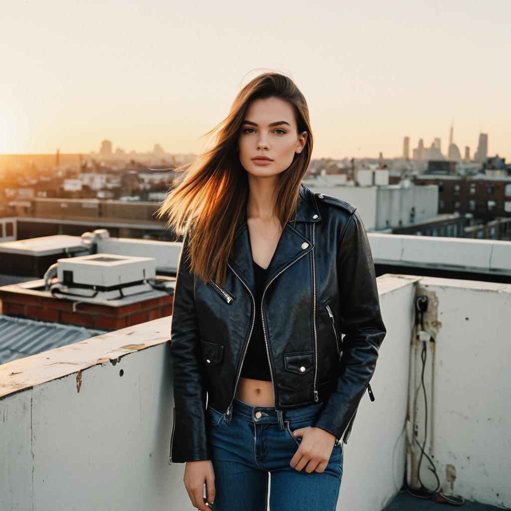 Young Woman in Leather Jacket on Urban Rooftop at Sunset