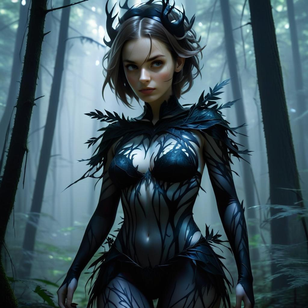 Fantasy Woman in Black Leaf Motif Bodysuit in Enchanted Forest Fantasy Woman in Black Leaf Motif Bodysuit in Enchanted Forest