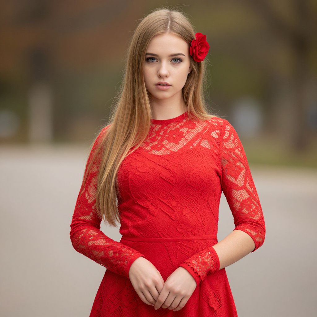 Young Woman in Red Lace Dress with Rose Hair Accessory Outdoors