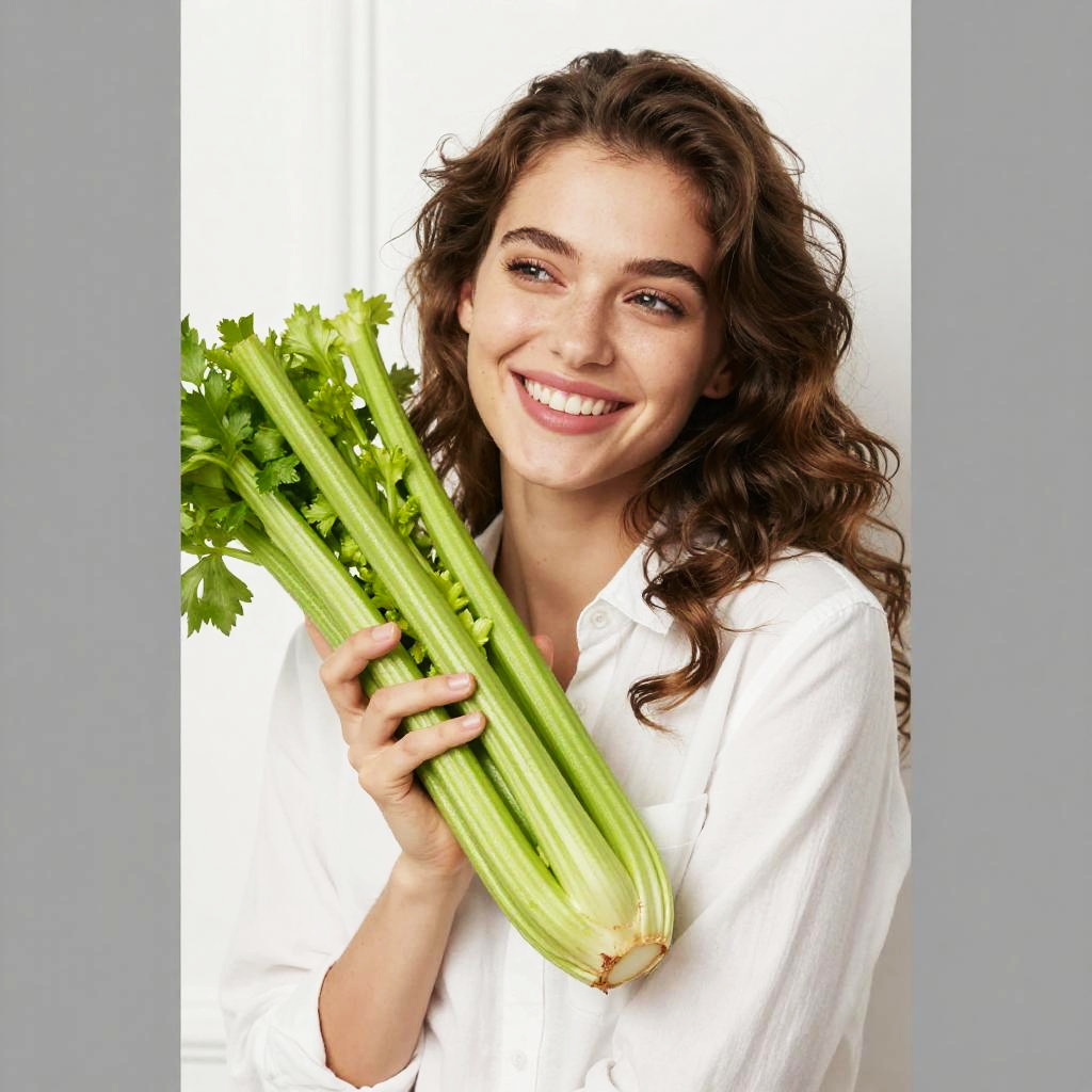 Young Woman Smiling Holding Fresh Celery Bunch