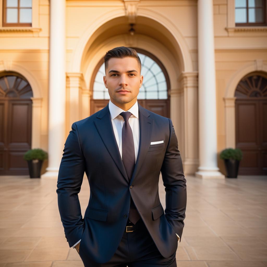 Confident Man in Tailored Suit with Architectural Backdrop