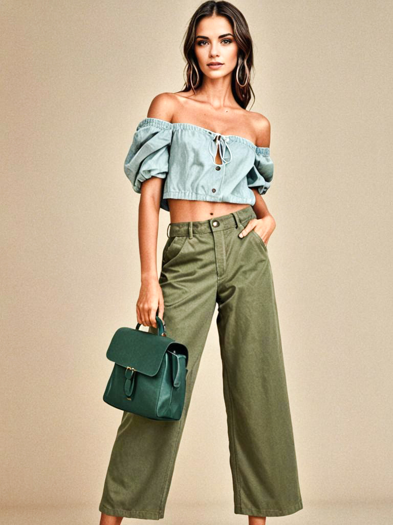 Woman in Trendy Outfit with Green Handbag