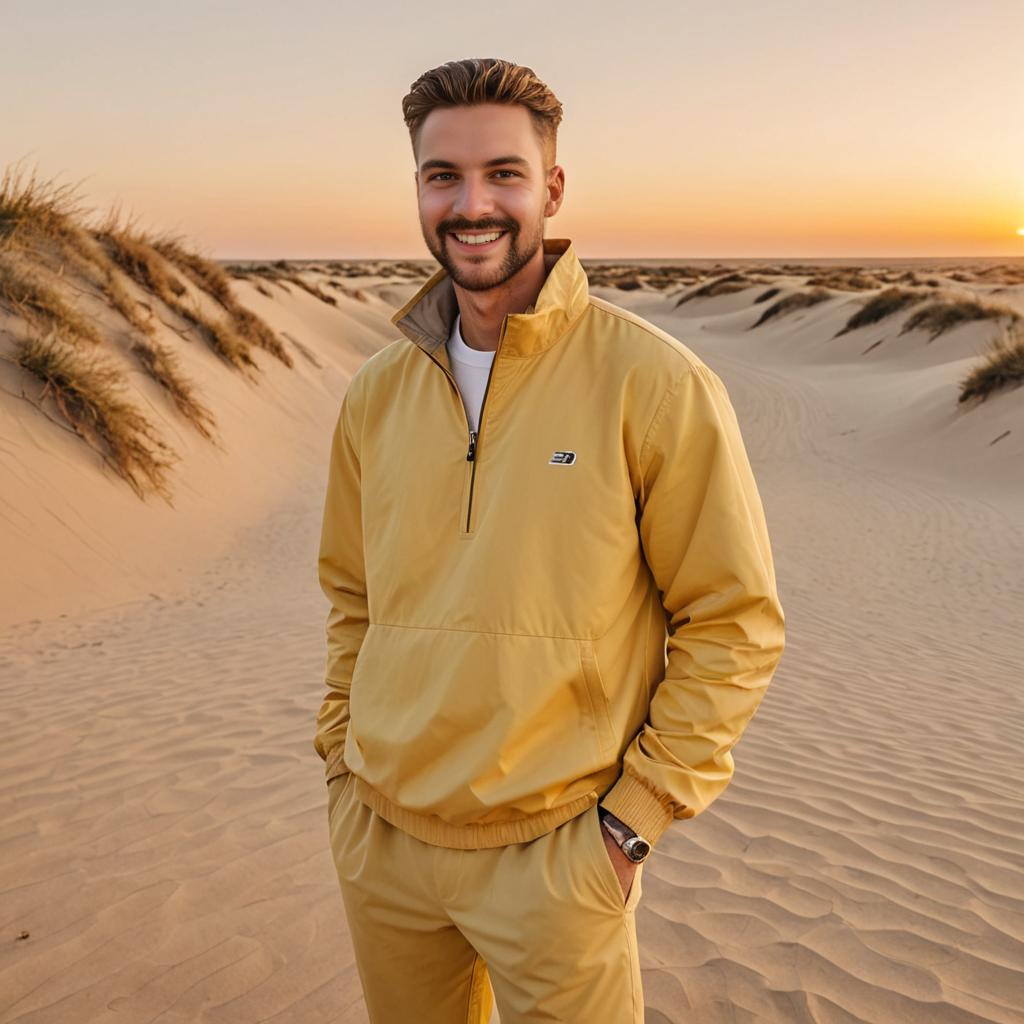 Stylish man in yellow tracksuit at sunset